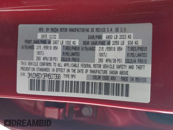 2023 Mazda CX-30 Premium с VIN 3MVDMBDY3PM507398, выставлен на аукционе IAAI как лот 42533176 с пробегом 15 788 миль миль и . История ставок и продаж доступна на DreamBid. Изображение 9.