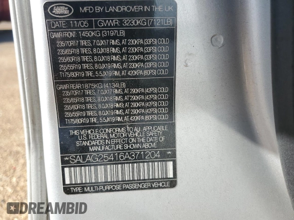 2006 Land Rover LR3 HSE with VIN SALAG25416A371204, listed as a Copart auction lot 43288965 with 183,636 mi miles and Salvage title. Bid and sale history available at DreamBid. Image 13.