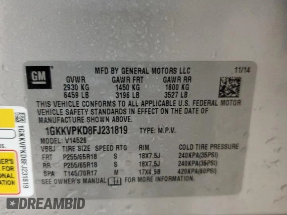 2015 GMC Acadia SLE with VIN 1GKKVPKD8FJ231819, listed as a Copart auction lot 58391045 with 102,230 mi miles and Salvage title. Bid and sale history available at DreamBid. Image 13.