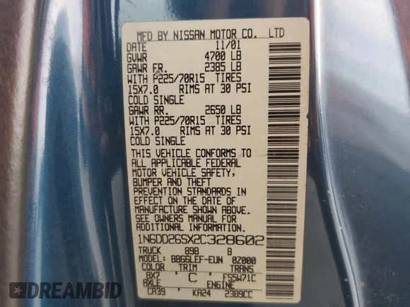 2002 Nissan Frontier XE with VIN 1N6DD26SX2C328602, listed as a Copart auction lot 81750784 with 127,820 mi miles and Salvage title. Bid and sale history available at DreamBid. Image 12.