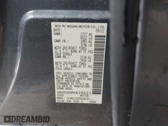 2023 Nissan Frontier SV with VIN 1N6ED1EK8PN610121, listed as a IAAI auction lot 42363879 with 25,505 mi miles and . Bid and sale history available at DreamBid. Image 9.