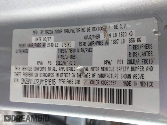 2018 Mazda 3 Sport with VIN 3MZBN1U72JM161615, listed as a IAAI auction lot 41833600 with 161,279 mi miles and . Bid and sale history available at DreamBid. Image 9.