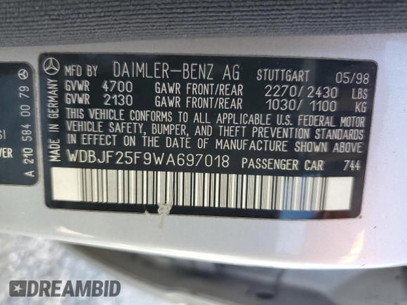 1998 Mercedes-Benz E 320 with VIN WDBJF25F9WA697018, listed as a Copart auction lot 87567315 with 107,255 mi miles and Clean Title. Bid and sale history available at DreamBid. Image 12.