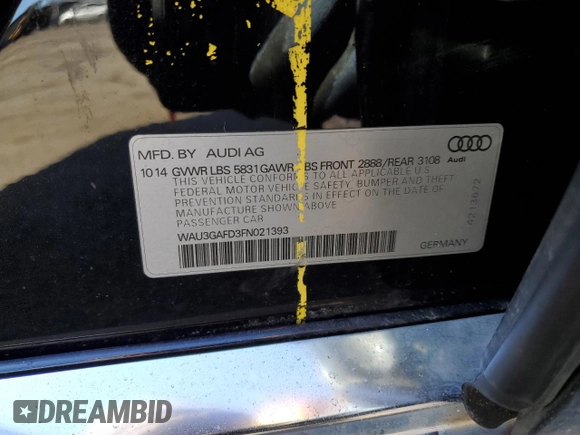 2015 Audi A8 3.0T z VIN WAU3GAFD3FN021393, wystawiony jako Copart lot #46236194 z przebiegiem 58 015 mil mil oraz Szkoda całkowita • Salvage title. Historia ofert i sprzedaży dostępna na DreamBid. Obrazek 12.