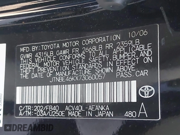 2007 Toyota Camry CE with VIN JTNBE46KX73060057, listed as a IAAI auction lot 42126100 with 68,944 mi miles and . Bid and sale history available at DreamBid. Image 9.