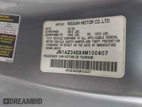 2004 Nissan 350Z Touring with VIN JN1AZ34DX4M100407, listed as a IAAI auction lot 41758380 with 154,166 mi miles. Bid and sale history available at carsss.com. Image 9.