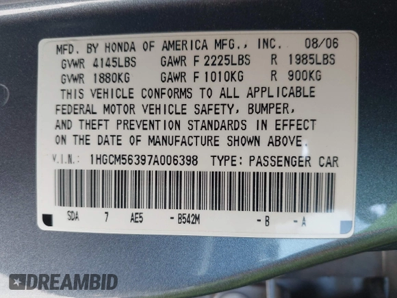 2007 Honda Accord LX SE with VIN 1HGCM56397A006398, listed as a IAAI auction lot 42648904 with 79,506 mi miles and . Bid and sale history available at DreamBid. Image 9.