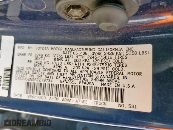 2006 Toyota Tacoma PreRunner z VIN 5TEJU62N56Z279734, wystawiony jako Copart lot #57631265 z przebiegiem 151 195 mil mil oraz Szkoda całkowita • Salvage title. Historia ofert i sprzedaży dostępna na DreamBid. Obrazek 12.