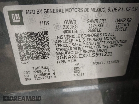 2020 Chevrolet Equinox LT with VIN 3GNAXLEX7LS591231, listed as a IAAI auction lot 41734258 with 51,072 mi miles. Bid and sale history available at carsss.com. Image 9.