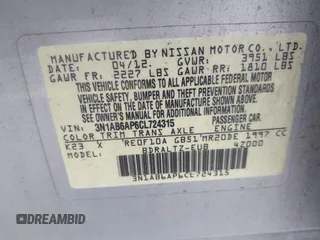2012 Nissan Sentra SR with VIN 3N1AB6AP6CL724315, listed as a IAAI auction lot 42053543 with 80,614 mi miles and . Bid and sale history available at DreamBid. Image 9.