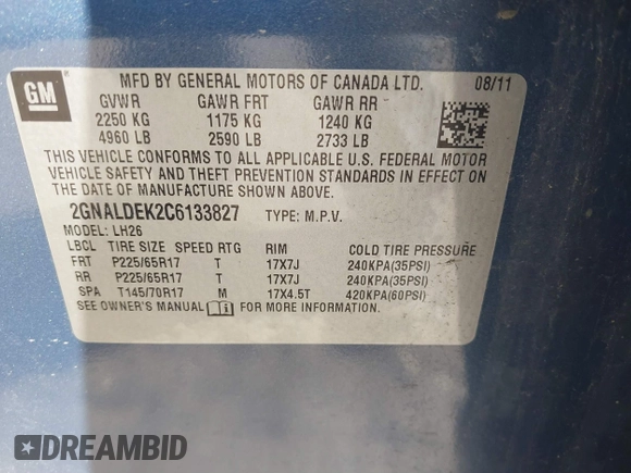 2012 Chevrolet Equinox LT w/1LT with VIN 2GNALDEK2C6133827, listed as a IAAI auction lot 40084177 with 144,714 mi miles. Bid and sale history available at carsss.com. Image 9.