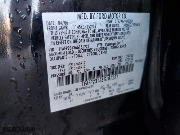 2006 Ford Five Hundred SE with VIN 1FAFP23136G181221, listed as a Copart auction lot 42329515 with 146,485 mi miles and Salvage Title. Bid and sale history available at carsss.com. Image 12.