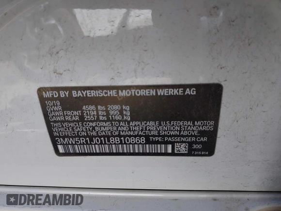 2020 BMW 3 Series 330i с VIN 3MW5R1J01L8B10868, выставлен на аукционе IAAI как лот 42335176 с пробегом 36 055 миль миль и . История ставок и продаж доступна на DreamBid. Изображение 9.