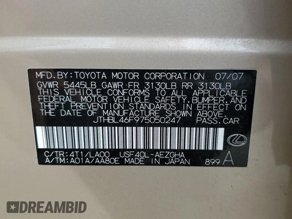 2007 Lexus LS 460 with VIN JTHBL46F975050247, listed as a Copart auction lot 60001855 with 175,261 mi miles and Salvage title. Bid and sale history available at DreamBid. Image 12.