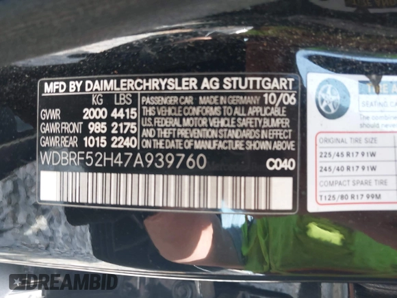 2007 Mercedes-Benz C 230 Sport with VIN WDBRF52H47A939760, listed as a IAAI auction lot 42047369 with 163,027 mi miles and . Bid and sale history available at DreamBid. Image 9.
