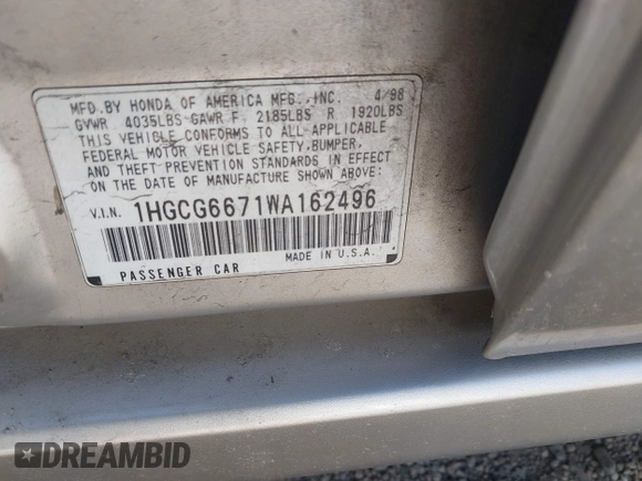 1998 Honda Accord EX z VIN 1HGCG6671WA162496, wystawiony jako IAAI lot #42202848 z przebiegiem 192 894 mil mil oraz . Historia ofert i sprzedaży dostępna na DreamBid. Obrazek 9.
