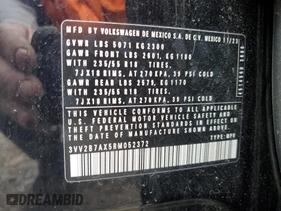 2024 Volkswagen Tiguan SE с VIN 3VV2B7AX5RM052372, выставлен на аукционе Copart как лот 51026015 с пробегом 27 557 миль миль и Списание • Salvage title. История ставок и продаж доступна на DreamBid. Изображение 15.