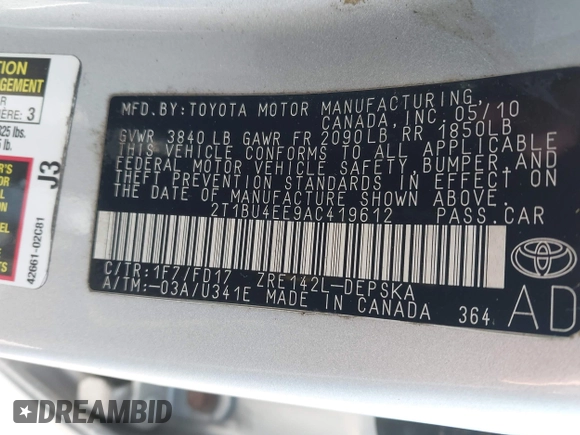 2010 Toyota Corolla with VIN 2T1BU4EE9AC419612, listed as a IAAI auction lot 42008287 with 180,500 mi miles. Bid and sale history available at carsss.com. Image 9.