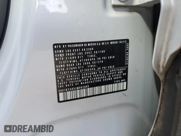 2018 Volkswagen Tiguan S с VIN 3VV1B7AX5JM062805, выставлен на аукционе Copart как лот 57927875 с пробегом 88 774 миль миль и Списание • Salvage title. История ставок и продаж доступна на DreamBid. Изображение 13.