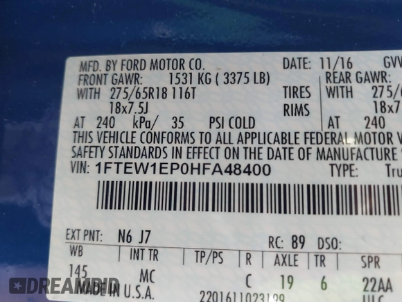 2017 Ford F-150 XL with VIN 1FTEW1EP0HFA48400, listed as a IAAI auction lot 41759048 with 141,891 mi miles. Bid and sale history available at carsss.com. Image 9.