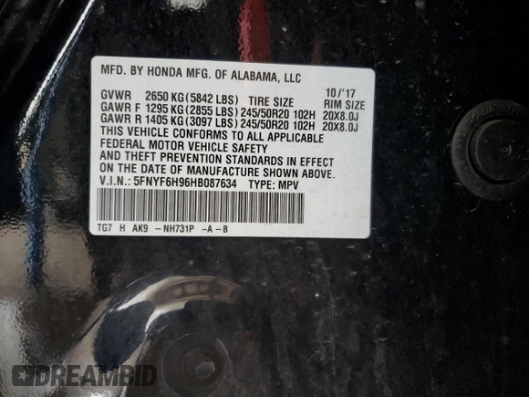 2017 Honda Pilot Touring with VIN 5FNYF6H96HB087634, listed as a Copart auction lot 63535125 with 137,129 mi miles and Salvage title. Bid and sale history available at DreamBid. Image 13.