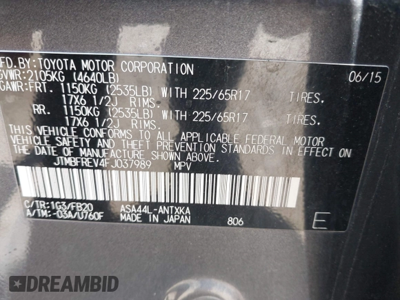 2015 Toyota RAV4 LE with VIN JTMBFREV4FJ037989, listed as a IAAI auction lot 42063957 with 93,201 mi miles and . Bid and sale history available at DreamBid. Image 9.