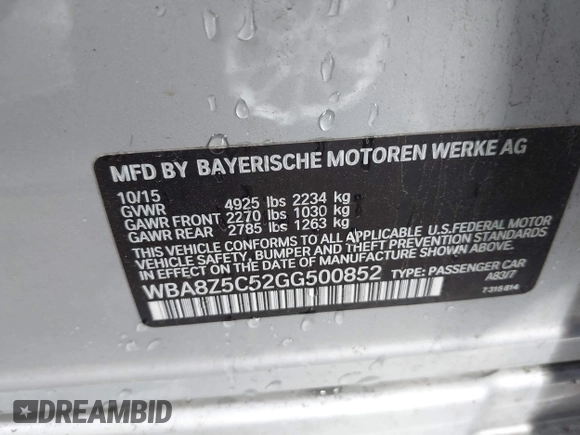 2016 BMW 3 Series 328i Gran Turismo xDrive z VIN WBA8Z5C52GG500852, wystawiony jako IAAI lot #41764251 z przebiegiem 96 176 mil mil oraz . Historia ofert i sprzedaży dostępna na DreamBid. Obrazek 9.