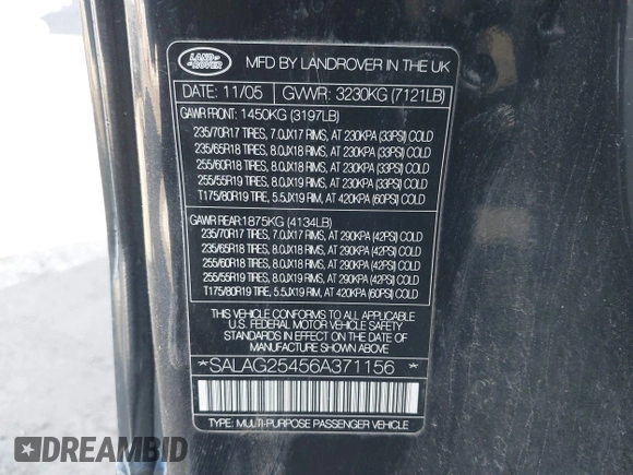 2006 Land Rover LR3 HSE with VIN SALAG25456A371156, listed as a IAAI auction lot 41375624 with 122,974 mi miles. Bid and sale history available at carsss.com. Image 9.