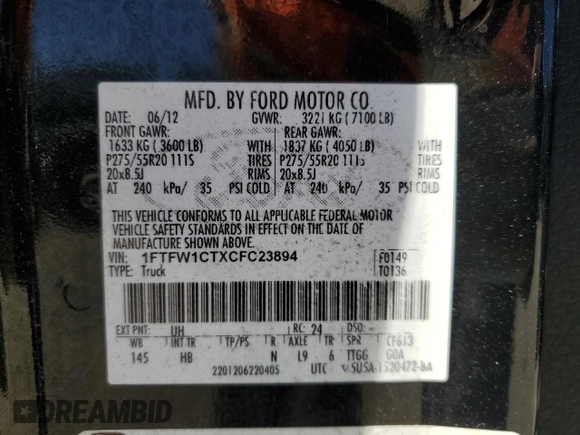 2012 Ford F-150 XL z VIN 1FTFW1CTXCFC23894, wystawiony jako Copart lot #50065675 z przebiegiem 201 671 mil mil oraz Szkody całkowita. Historia ofert i sprzedaży dostępna na DreamBid. Obrazek 15.