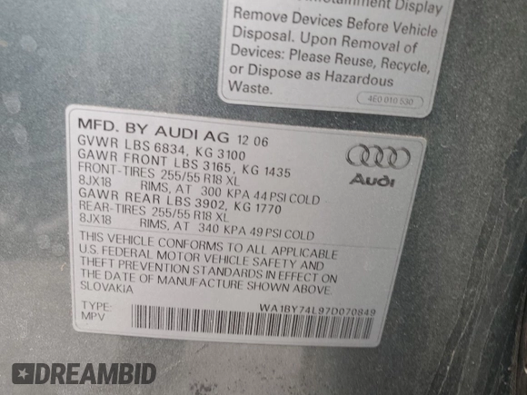 2007 Audi Q7 Premium with VIN WA1BY74L97D070849, listed as a Copart auction lot 48178185 with 223,138 mi miles and Salvage title. Bid and sale history available at DreamBid. Image 13.