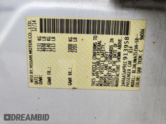 2014 Nissan Maxima SV with VIN 1N4AA5AP9EC913958, listed as a Copart auction lot 63488095 with 94,242 mi miles and Clean title. Bid and sale history available at DreamBid. Image 13.
