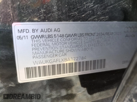 2011 Audi S4 Prestige with VIN WAUKGAFLXBA172784, listed as a Copart auction lot 41663005 with 96,433 mi miles and Salvage Title. Bid and sale history available at carsss.com. Image 12.