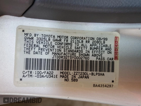2000 Toyota Celica GT z VIN JTDDR32T5Y0002760, wystawiony jako Copart lot #57350925 z przebiegiem 182 414 mil mil oraz Szkoda całkowita • Salvage title. Historia ofert i sprzedaży dostępna na DreamBid. Obrazek 13.