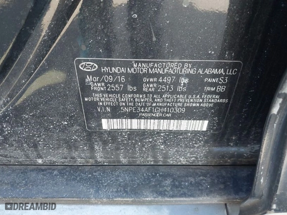 2016 Hyundai Sonata 2.4L Sport with VIN 5NPE34AF1GH410309, listed as a IAAI auction lot 38677619 with 233,330 mi miles. Bid and sale history available at carsss.com. Image 9.