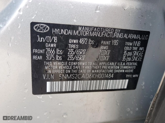 2019 Hyundai Santa Fe SE with VIN 5NMS2CAD6KH001484, listed as a Copart auction lot 52352875 with 57,173 mi miles and Salvage Title. Bid and sale history available at carsss.com. Image 13.