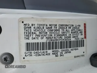 2000 Toyota Camry CE z VIN JT2BG28KXY0432024, wystawiony jako Copart lot #57057905 z przebiegiem 201 289 mil mil oraz Szkoda całkowita • Salvage title. Historia ofert i sprzedaży dostępna na DreamBid. Obrazek 12.