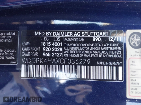 2012 Mercedes-Benz SLK 250 with VIN WDDPK4HAXCF036279, listed as a IAAI auction lot 41851520 with 124,366 mi miles and . Bid and sale history available at DreamBid. Image 9.
