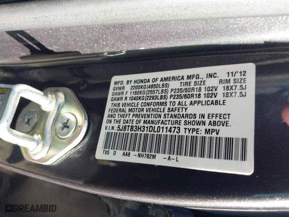 2013 Acura RDX with VIN 5J8TB3H31DL011473, listed as a IAAI auction lot 41808584 with 1 mi miles. Bid and sale history available at carsss.com. Image 9.