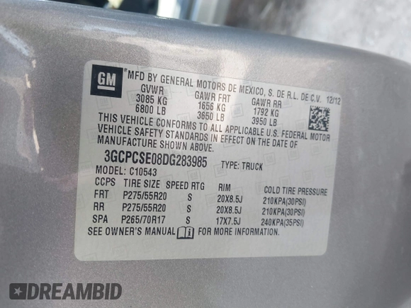 2013 Chevrolet Silverado 1500 LT with VIN 3GCPCSE08DG283985, listed as a IAAI auction lot 40983482 with 118,615 mi miles and . Bid and sale history available at DreamBid. Image 9.