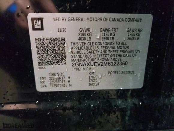 2021 Chevrolet Equinox LT with VIN 2GNAXUEV2M6122360, listed as a Copart auction lot 52100814 with 64,836 mi miles and Salvage Title. Bid and sale history available at carsss.com. Image 12.