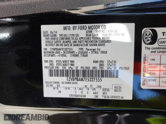 2014 Ford Mustang V6 with VIN 1ZVBP8AM7E5327555, listed as a IAAI auction lot 42316601 with 100,495 mi miles and . Bid and sale history available at DreamBid. Image 9.