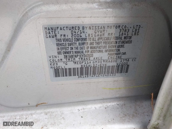 2014 Nissan Sentra SV with VIN 3N1AB7AP1EY240533, listed as a IAAI auction lot 42089051 with 114,389 mi miles. Bid and sale history available at carsss.com. Image 9.