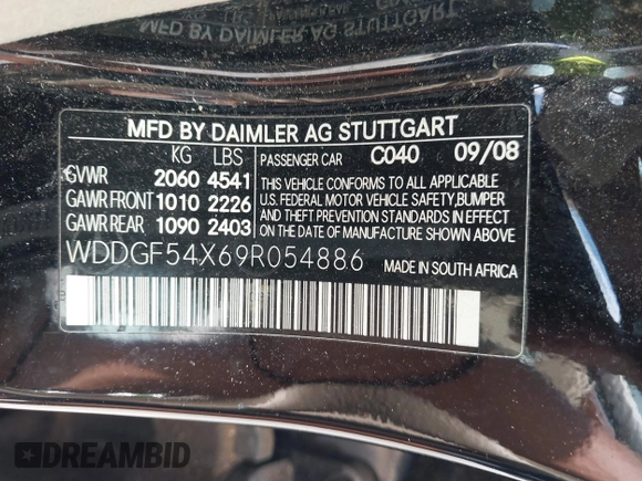2009 Mercedes-Benz C 300 Sport with VIN WDDGF54X69R054886, listed as a IAAI auction lot 42541090 with 189,020 mi miles and . Bid and sale history available at DreamBid. Image 9.