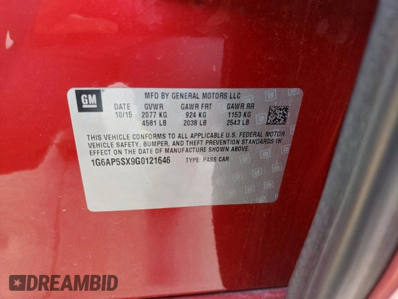 2016 Cadillac CTS RWD with VIN 1G6AP5SX9G0121646, listed as a Copart auction lot 52987725 with 168,767 mi miles and Clean title. Bid and sale history available at DreamBid. Image 12.