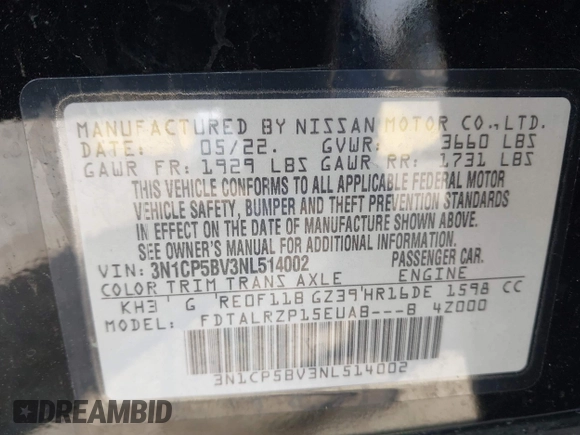 2022 Nissan Kicks S with VIN 3N1CP5BV3NL514002, listed as a IAAI auction lot 41824220 with 57,881 mi miles. Bid and sale history available at carsss.com. Image 9.