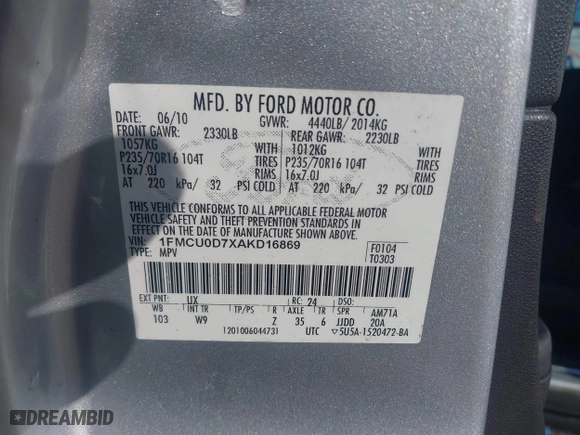 2010 Ford Escape XLT with VIN 1FMCU0D7XAKD16869, listed as a IAAI auction lot 41884141 with 145,781 mi miles. Bid and sale history available at carsss.com. Image 9.