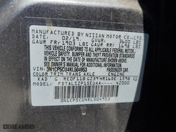 2019 Nissan Kicks S with VIN 3N1CP5CU4KL504953, listed as a Copart auction lot 48784045 with 43,938 mi miles and Salvage Title. Bid and sale history available at carsss.com. Image 13.