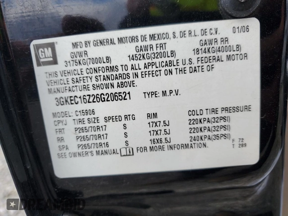 2006 GMC Yukon XL SLT with VIN 3GKEC16Z26G206521, listed as a Copart auction lot 47933105 with 313,071 mi miles and Clean title. Bid and sale history available at DreamBid. Image 15.