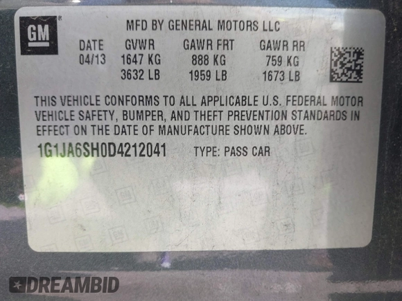 2013 Chevrolet Sonic LS with VIN 1G1JA6SH0D4212041, listed as a IAAI auction lot 42552147 with 192,934 mi miles and . Bid and sale history available at DreamBid. Image 9.