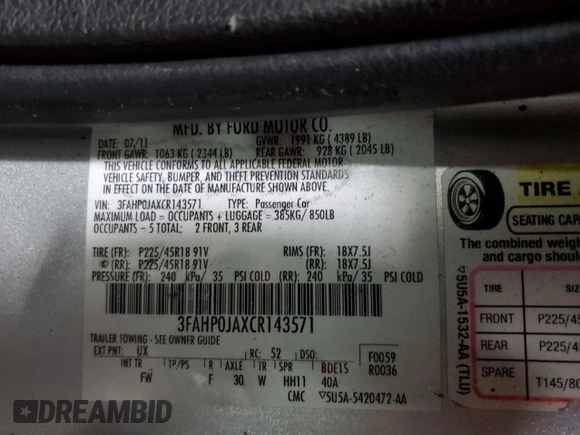 2012 Ford Fusion SEL with VIN 3FAHP0JAXCR143571, listed as a Copart auction lot 47832375 with 102,908 mi miles and Salvage Title. Bid and sale history available at carsss.com. Image 13.